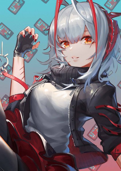 Anime-Bild 2480x3508 mit arknights w (arknights) piao miao single tall image looking at viewer fringe highres short hair smile hair between eyes payot upper body ahoge blunt bangs nail polish parted lips horn (horns) fingernails open jacket