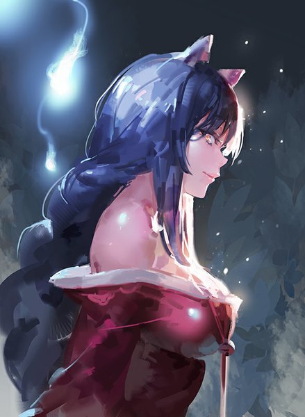 Anime picture 586x800 with league of legends ahri (league of legends) kishiyo single long hair tall image looking at viewer fringe breasts simple background smile large breasts bare shoulders animal ears yellow eyes purple hair profile cat ears dark background glow