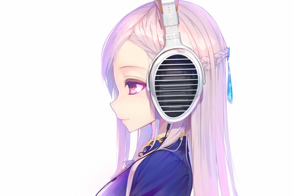 Anime picture 1500x1000 with original hoshi o mite single long hair smile white background looking away pink hair upper body braid (braids) profile pink eyes girl hair ornament headphones cable