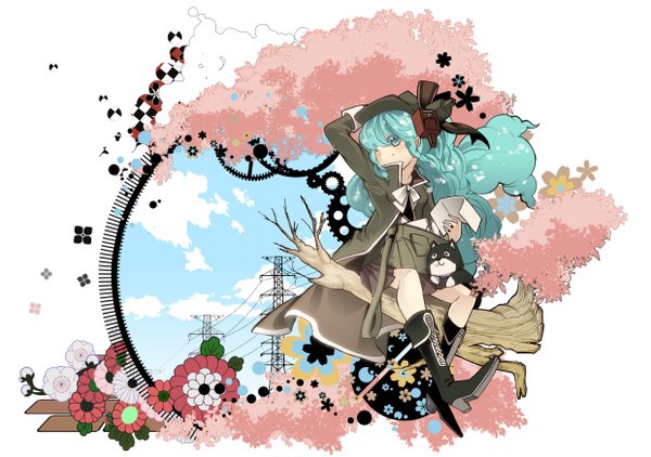 Anime picture 2480x1748 with vocaloid 1925 (vocaloid) hatsune miku bridget00747 single blush highres smile sitting aqua eyes aqua hair cherry blossoms girl cat bag power lines gears