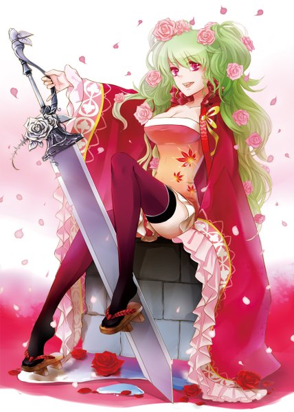 Anime picture 900x1260 with original xingye yukiko single long hair tall image open mouth light erotic sitting traditional clothes pink eyes hair flower green hair girl thighhighs hair ornament flower (flowers) weapon petals sword