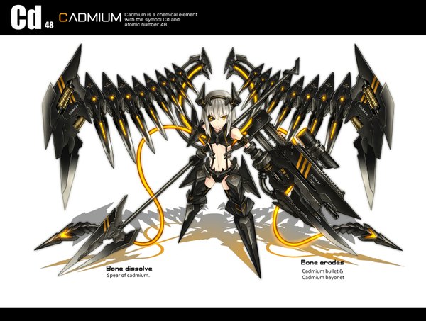 Anime picture 1700x1286 with original gia single long hair simple background white background yellow eyes silver hair inscription mecha musume mechanical wings bandage over one eye mechanical parts girl navel weapon wings gun huge weapon spear