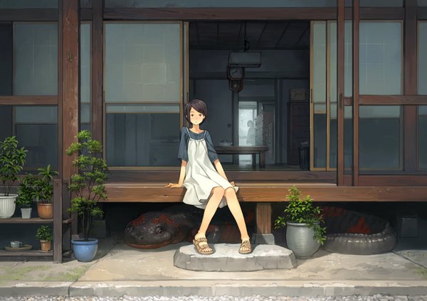 Anime picture 1697x1200 with original yoshida seiji looking at viewer short hair black hair sitting multiple girls full body solo focus knees together feet apart architecture jpeg artifacts east asian architecture girl dress hair ornament 2 girls plant (plants) hairclip clock