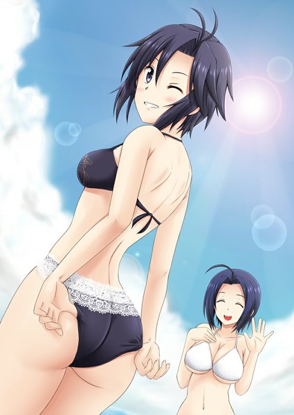 Anime picture 800x1130 with idolmaster kikuchi makoto miura azusa fuuma nagi tall image short hair open mouth light erotic black hair smile multiple girls sky cloud (clouds) eyes closed one eye closed wink black eyes girl 2 girls swimsuit