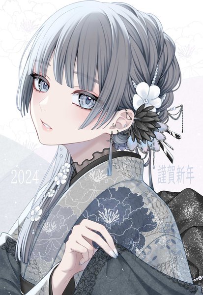 Anime picture 689x1000 with original ca yu single long hair tall image fringe payot upper body blunt bangs nail polish traditional clothes parted lips japanese clothes grey hair grey eyes piercing floral print ear piercing new year nengajou
