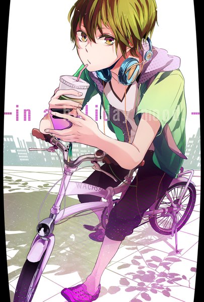 Anime picture 1377x2039 with original asasumiboochan single tall image short hair brown hair sitting brown eyes looking away open clothes open jacket shadow boy headphones t-shirt ground vehicle phone bicycle