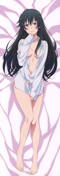 Anime picture 2387x6914 with yahari ore no seishun love comedy wa machigatteiru. brains base (studio) yukinoshita yukino single long hair tall image looking at viewer blush highres breasts blue eyes light erotic black hair smile full body barefoot scan bare legs dakimakura (medium) naked shirt