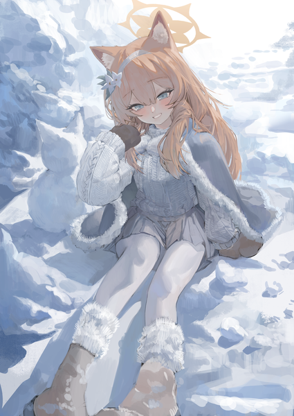 Anime picture 2150x3035 with blue archive mari (blue archive) dainillust single long hair tall image looking at viewer blush fringe highres blue eyes smile hair between eyes sitting animal ears payot outdoors blunt bangs long sleeves head tilt