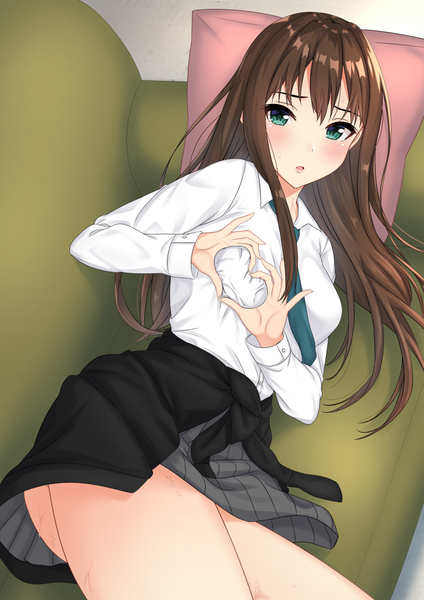 Anime picture 709x1003 with idolmaster idolmaster cinderella girls shibuya rin miyazumi single long hair tall image looking at viewer blush fringe breasts open mouth light erotic hair between eyes brown hair pleated skirt aqua eyes thighs sweatdrop reclining