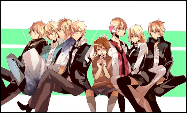 Anime picture 1400x850 with durarara!! brains base (studio) psychedelic dreams heiwajima shizuo omutatsu short hair blonde hair wide image eyes closed pink eyes group genderswap drinking multiple persona thighhighs boy glasses pants suit
