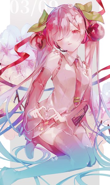 Anime picture 1518x2553 with vocaloid hatsune miku sakura miku tsuyutya single tall image fringe hair between eyes twintails pink hair ahoge very long hair one eye closed pink eyes dated heart hands 39 girl detached sleeves necktie