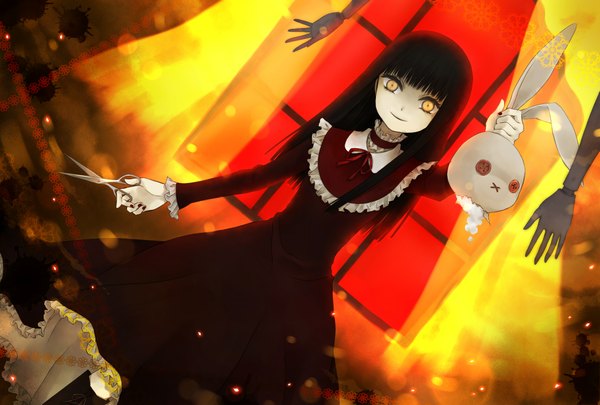 Anime picture 2039x1378 with fatal frame haibara ayako okitsune (okitsune-sama) long hair highres black hair yellow eyes girl dress bunny doll (dolls) scissors