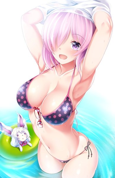 Anime picture 700x1076 with fate (series) fate/grand order mash kyrielight fou (fate) garana single tall image looking at viewer blush fringe short hair breasts open mouth light erotic simple background smile large breasts standing white background purple eyes