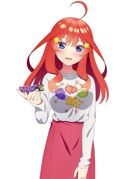 Anime picture 1500x2364 with go-toubun no hanayome nakano itsuki tagme (artist) single long hair tall image looking at viewer blush fringe open mouth blue eyes simple background smile hair between eyes standing white background holding payot ahoge red hair