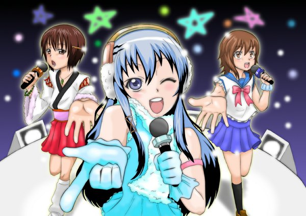 Anime picture 1169x826 with nurarihyon no mago yuki onna (nurarihyon no mago) yura keikain kana ienaga long hair blush highres short hair open mouth smile brown hair purple eyes twintails multiple girls brown eyes blue hair one eye closed multicolored hair wink two-tone hair