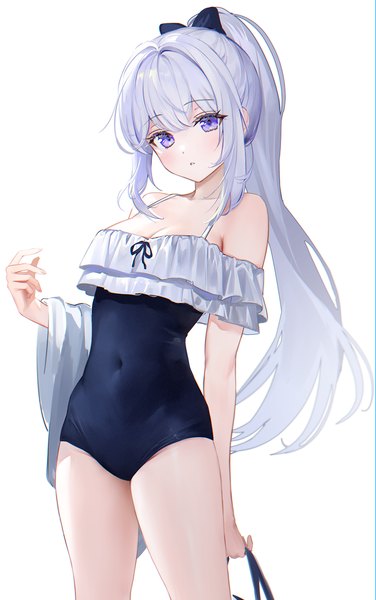 Anime picture 1200x1916 with blue archive miyako (blue archive) miyako (swimsuit) (blue archive) rity single long hair tall image fringe simple background hair between eyes standing white background purple eyes payot silver hair ponytail official alternate costume covered navel girl bow