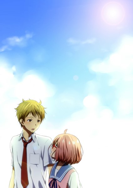 Anime picture 708x1000 with kyoukai no kanata kyoto animation kuriyama mirai kanbara akihito rito453 tall image blush short hair open mouth blonde hair brown eyes pink hair couple girl boy uniform school uniform glasses serafuku necktie