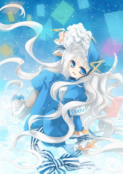 Anime picture 1200x1697 with original pixiv-tan ceru single long hair tall image blue eyes white hair looking back girl dress bow bonnet pen