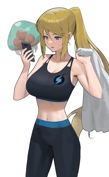 Anime picture 2162x3500 with metroid samus aran metroid (creature) hood (james x) single long hair tall image fringe highres breasts open mouth blue eyes simple background blonde hair hair between eyes standing white background bare shoulders holding payot