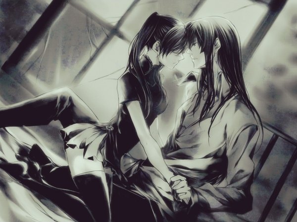 Anime picture 823x617 with d.gray-man kanda yuu lenalee lee aoi shizuka long hair sitting twintails bent knee (knees) eyes closed profile open shirt embarrassed couple kneeling holding hands monochrome open collar face to face almost kiss girl