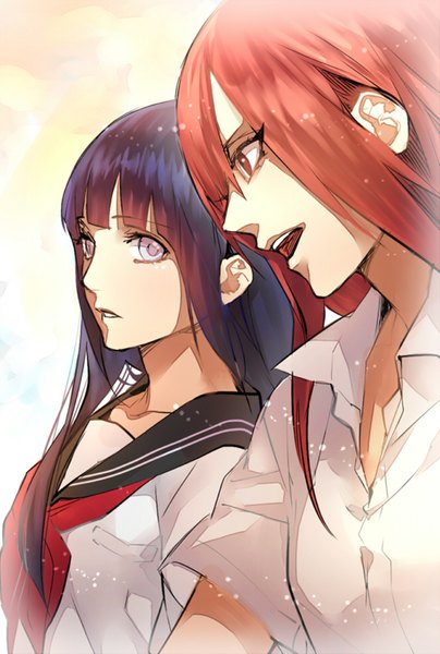 Anime picture 2100x3112 with naruto studio pierrot naruto (series) hyuuga hinata tayuya tayuya1130 long hair tall image blush highres open mouth black hair red eyes multiple girls looking away red hair white eyes girl 2 girls serafuku