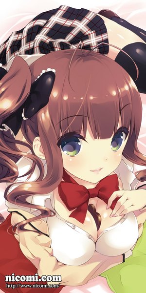 Anime picture 500x1000 with original show (rinnetenshow) single long hair tall image light erotic brown hair green eyes girl thighhighs skirt bow black thighhighs hair bow shirt food sweets chocolate