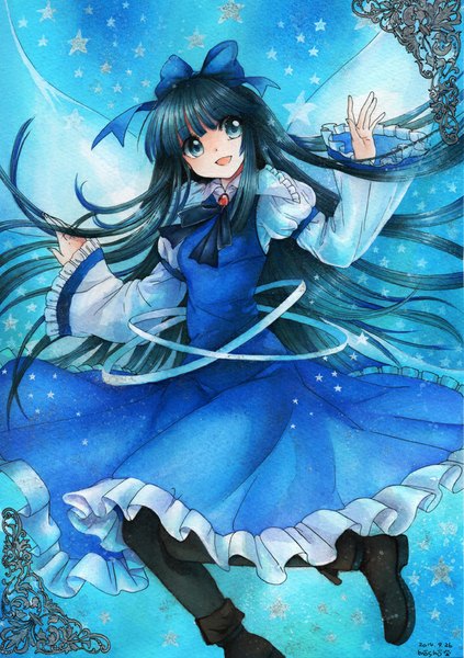 Anime picture 705x1000 with touhou star sapphire mosho single long hair tall image fringe open mouth black hair signed looking away blue background traditional media watercolor (medium) girl dress bow hair bow wings frills