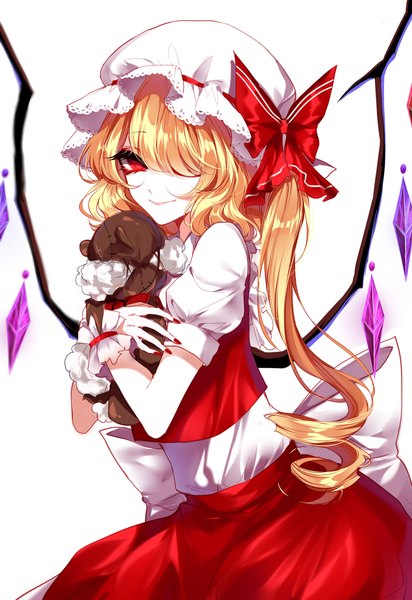 Anime picture 2200x3200 with touhou flandre scarlet sheya single tall image looking at viewer fringe highres short hair simple background blonde hair smile red eyes white background nail polish hair over one eye short sleeves puffy sleeves one side up red nail polish