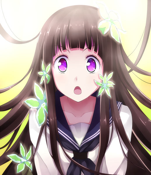 Anime picture 2227x2578 with hyouka kyoto animation chitanda eru qiuzhi huiyi long hair tall image highres open mouth black hair purple eyes hair flower girl hair ornament flower (flowers) serafuku