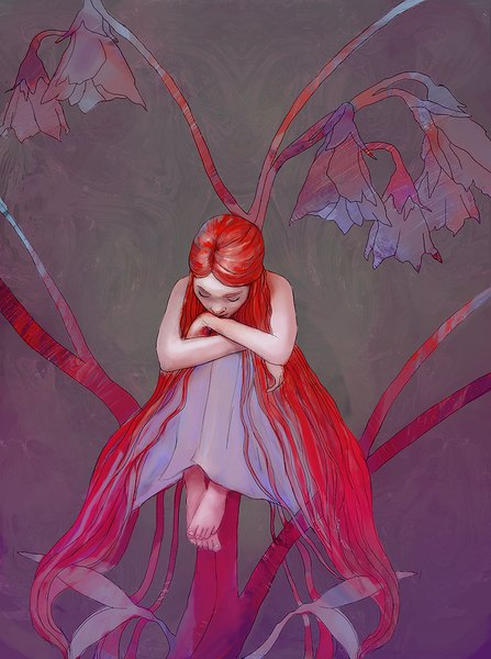 Anime picture 700x939 with thumbelina disney thumbelina (chacarter) ola2103 single tall image full body red hair very long hair barefoot realistic grey background sleeveless sad minigirl embryo's pose girl flower (flowers) plant (plants)