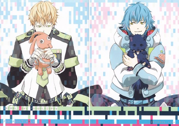 Anime picture 2152x1518 with dramatical murder nitro+chiral aoba (dmmd) ren (dmmd) noiz (dmmd) 4mendo long hair looking at viewer highres short hair blonde hair smile sitting green eyes yellow eyes blue hair looking away multiple boys couple piercing