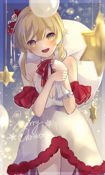 Anime picture 1080x1800 with genshin impact lumine (genshin impact) hiiroai single tall image looking at viewer blush fringe short hair open mouth blonde hair hair between eyes yellow eyes :d christmas merry christmas girl dress detached sleeves white dress