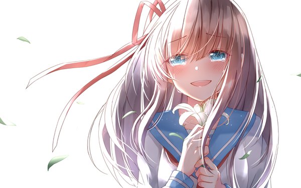 Anime-Bild 3000x1875 mit original sll single long hair looking at viewer blush fringe highres open mouth blue eyes simple background smile brown hair white background holding upper body blunt bangs head tilt :d wind