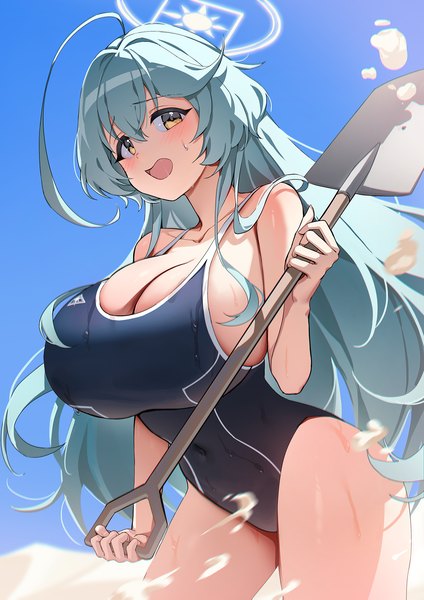 Anime-Bild 1240x1754 mit blue archive yume (blue archive) picter single long hair tall image looking at viewer blush fringe breasts open mouth light erotic hair between eyes standing yellow eyes ahoge :d aqua hair wet huge breasts