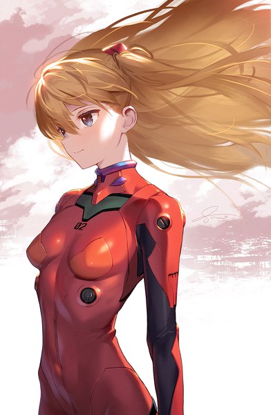 Anime picture 1000x1531 with neon genesis evangelion gainax soryu asuka langley siino single long hair tall image fringe blue eyes smile hair between eyes standing twintails signed looking away sky cloud (clouds) outdoors wind orange hair