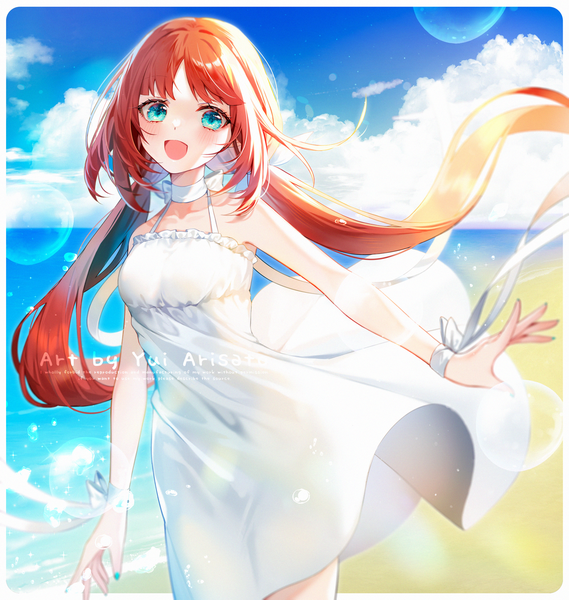 Anime picture 1308x1379 with genshin impact nilou (genshin impact) yui (kawalcjil4) single long hair tall image looking at viewer fringe open mouth twintails payot sky cloud (clouds) outdoors red hair :d aqua eyes alternate costume beach low twintails