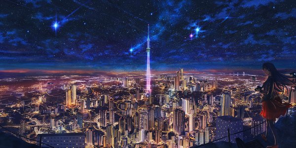Anime picture 2000x1000 with original kenzo 093 single long hair fringe highres wide image standing holding looking away sky cloud (clouds) outdoors wind city horizon cityscape landscape scenic city lights