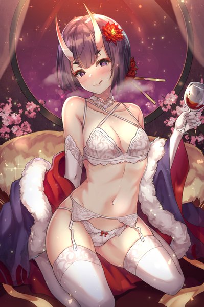 Anime picture 731x1100 with fate (series) fate/grand order shuten douji (fate) cenangam single tall image looking at viewer blush fringe short hair breasts open mouth light erotic smile sitting purple eyes holding cleavage purple hair head tilt