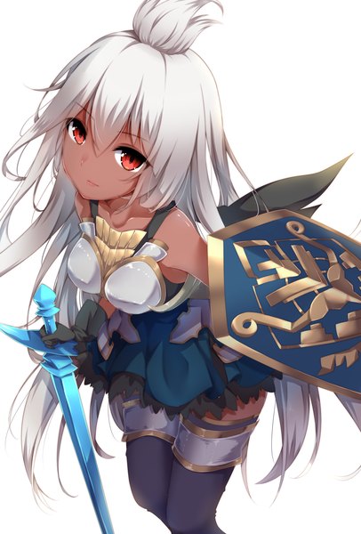 Anime picture 2507x3700 with granblue fantasy the order grande amane tari single long hair tall image looking at viewer fringe highres simple background hair between eyes red eyes standing white background bare shoulders holding ahoge white hair head tilt light smile