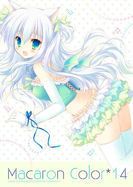 Anime picture 627x885 with original hasekura chiaki single long hair tall image looking at viewer blush fringe open mouth light erotic smile twintails green eyes animal ears silver hair bent knee (knees) ass tail :d animal tail
