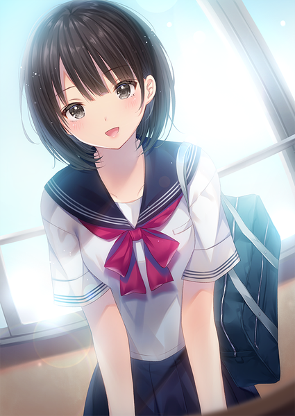 Anime-Bild 700x988 mit original noda shuha single tall image looking at viewer blush fringe short hair open mouth black hair hair between eyes standing :d pleated skirt black eyes short sleeves lens flare backlighting girl skirt