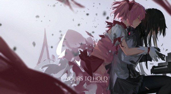Anime picture 1267x697 with mahou shoujo madoka magica shaft (studio) akemi homura kaname madoka mivit long hair blush fringe short hair open mouth black hair simple background wide image sitting twintails multiple girls signed pink hair bent knee (knees) eyes closed