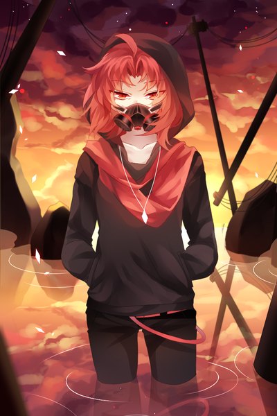 Anime picture 800x1200 with utau shouen kigashi single tall image looking at viewer short hair red eyes standing cloud (clouds) red hair sunlight evening reflection sunset sunbeam hands in pockets ruins girl water scarf