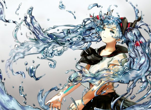 Anime picture 1300x950 with vocaloid hatsune miku bottle miku himasen single long hair blue eyes twintails blue hair looking away liquid hair girl bow hair bow serafuku bubble (bubbles) fish (fishes)
