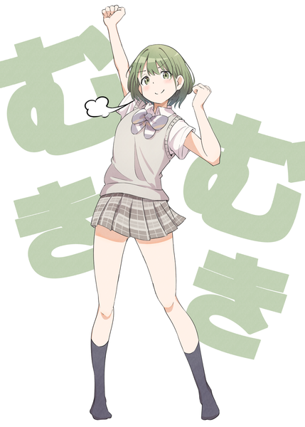 Anime picture 1066x1491 with idolmaster idolmaster shiny colors nanakusa nichika eito12 single tall image looking at viewer blush short hair smile standing green eyes full body pleated skirt green hair inscription no shoes girl skirt uniform