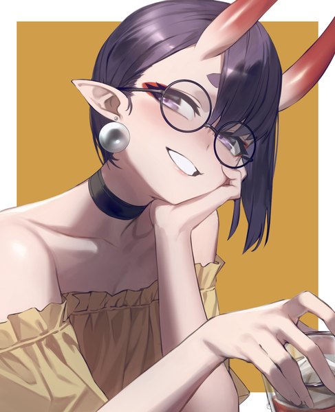 Anime picture 1582x1950 with fate (series) fate/grand order shuten douji (fate) chorogon single tall image looking at viewer blush fringe short hair simple background smile hair between eyes purple eyes bare shoulders purple hair horn (horns) off shoulder alternate costume grin