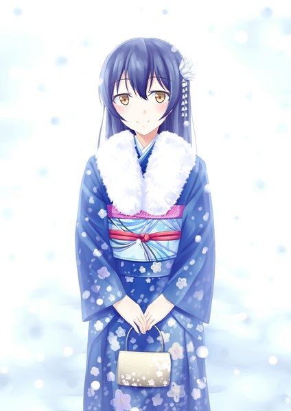 Anime picture 707x1000 with love live! school idol project sunrise (studio) love live! sonoda umi aoi usagi single long hair tall image looking at viewer blush smile standing brown eyes blue hair traditional clothes japanese clothes snowing winter new year girl