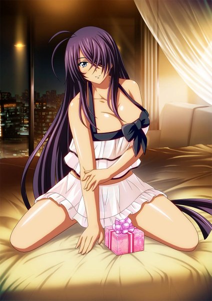 Anime picture 1000x1414 with ikkitousen kanu unchou single long hair tall image looking at viewer fringe breasts blue eyes light erotic cleavage purple hair hair over one eye girl gift nightie