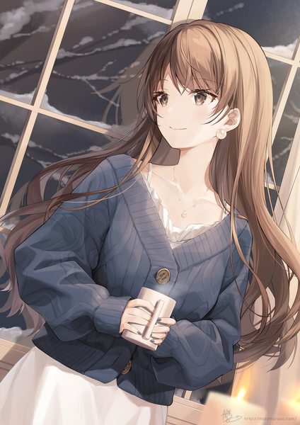 Anime picture 2121x3000 with original kagachi saku single long hair tall image highres smile brown hair standing holding brown eyes signed looking away indoors nail polish dutch angle turning head winter snow steam