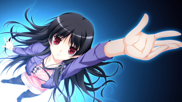 Anime picture 2560x1440 with shinigami no testament ichinose yua makita maki long hair highres black hair red eyes wide image game cg arms up girl skirt miniskirt jacket